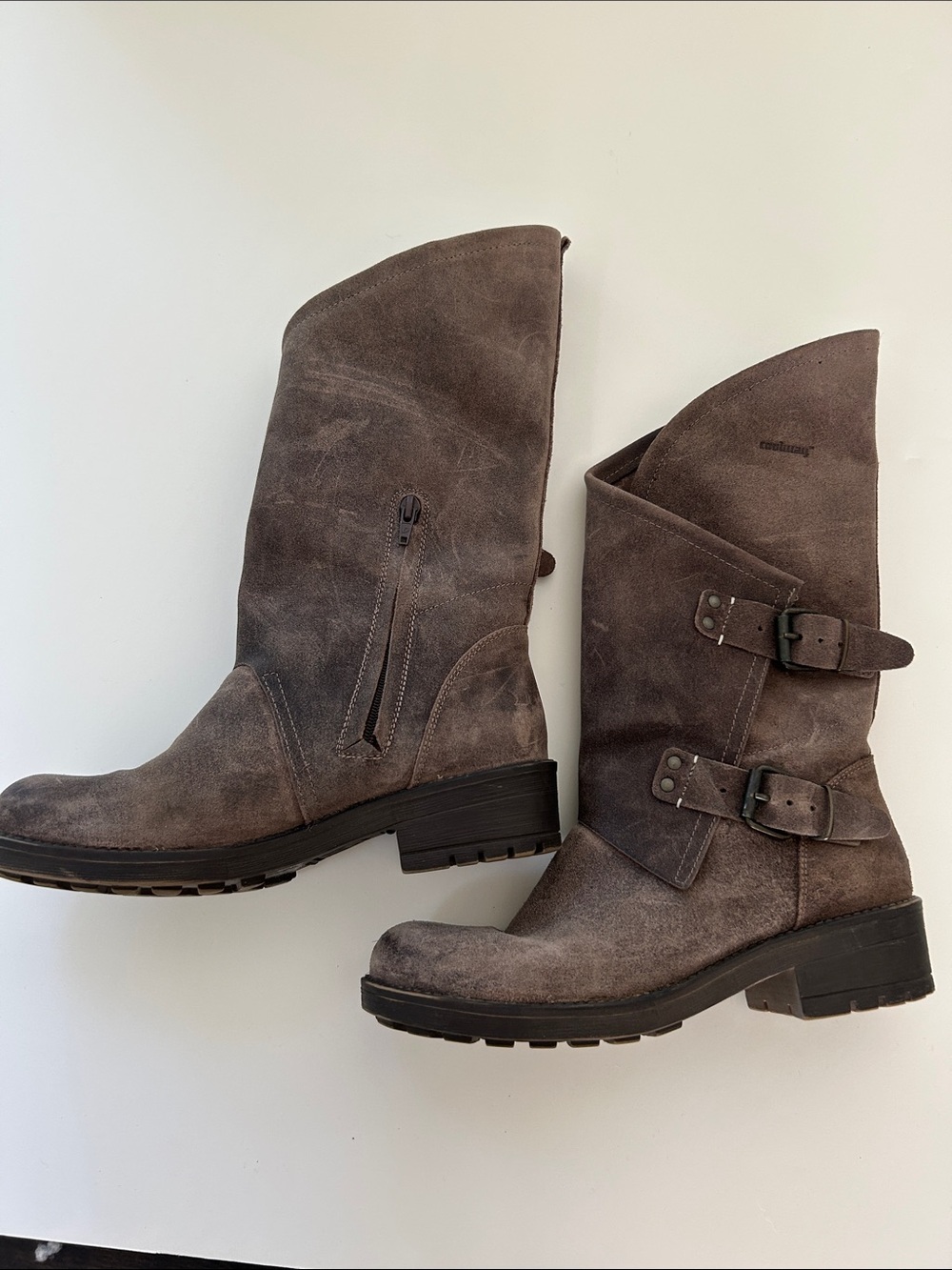 Coolway Brown Suede Mid-Calf Buckle Combat Boots